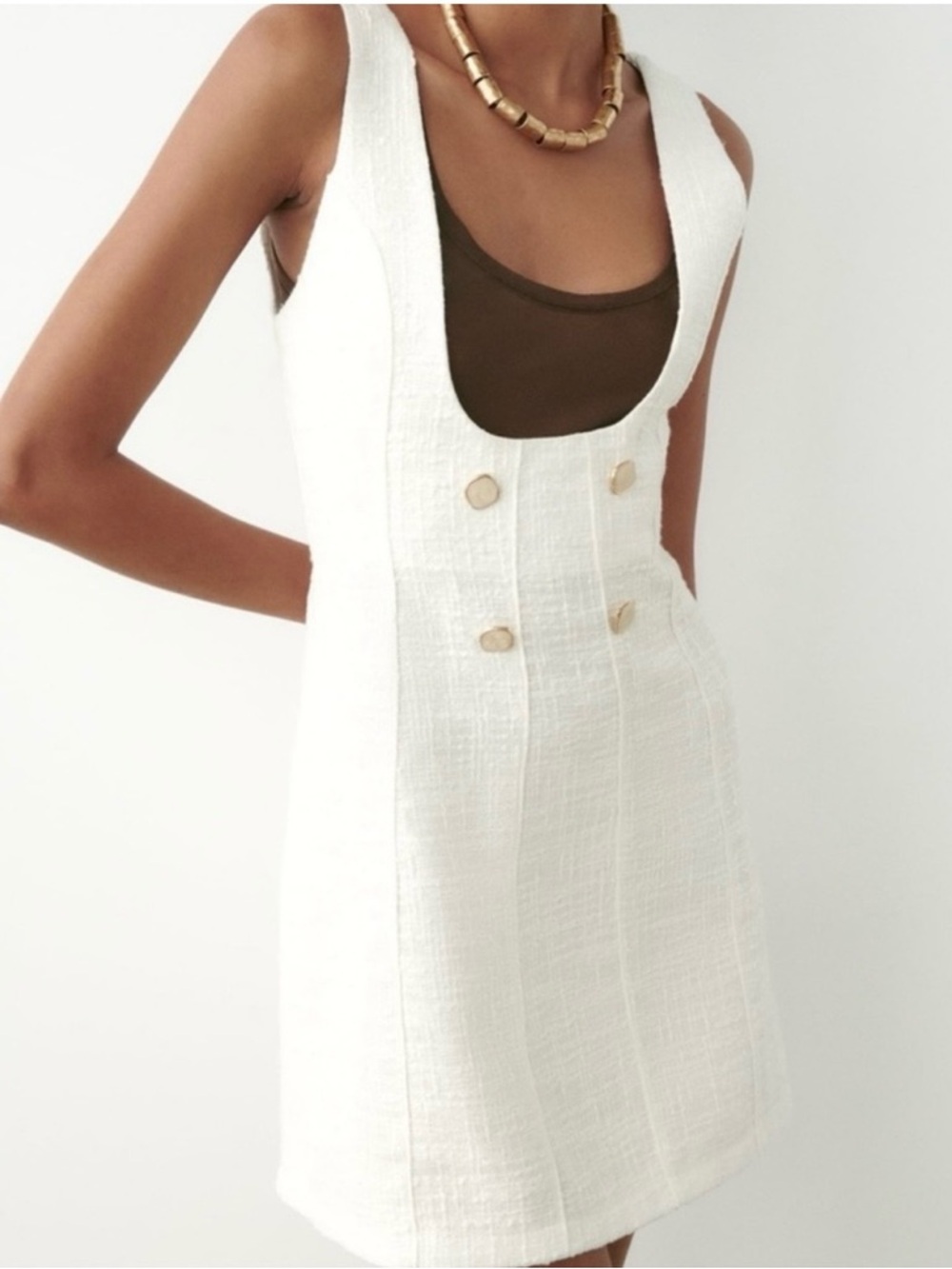 White Zara Textured Jewel Buttoned Pinafore Dress in size Medium